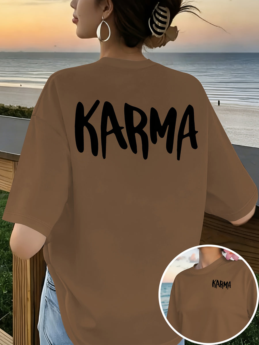 Front And Back Print T-Shirt, Cause And Effect, KARMA Pattern Women'S Round Neck Casual Short Sleeve Top, Trendy Fashion Casual Style, Women'S Double-Sided Printed Top, Round Neck Women'S Short Sleeve T-Shirt S-XXL - Coffee Brown