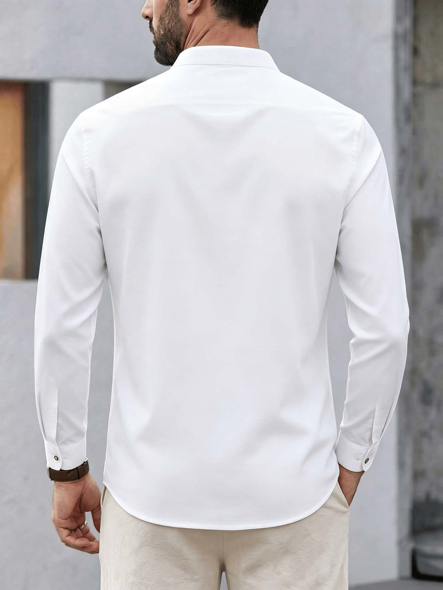 Men'S Casual Long Sleeve Shirt Early Autumn New Henley Collar White Casual Shirt Side Stripe Design Solid Color Long Sleeve Shirt with Pockets, Suitable for Daily Commute And Outdoor Travel, Fashionable Versatile Spring Autumn Long Sleeve Shirt - White