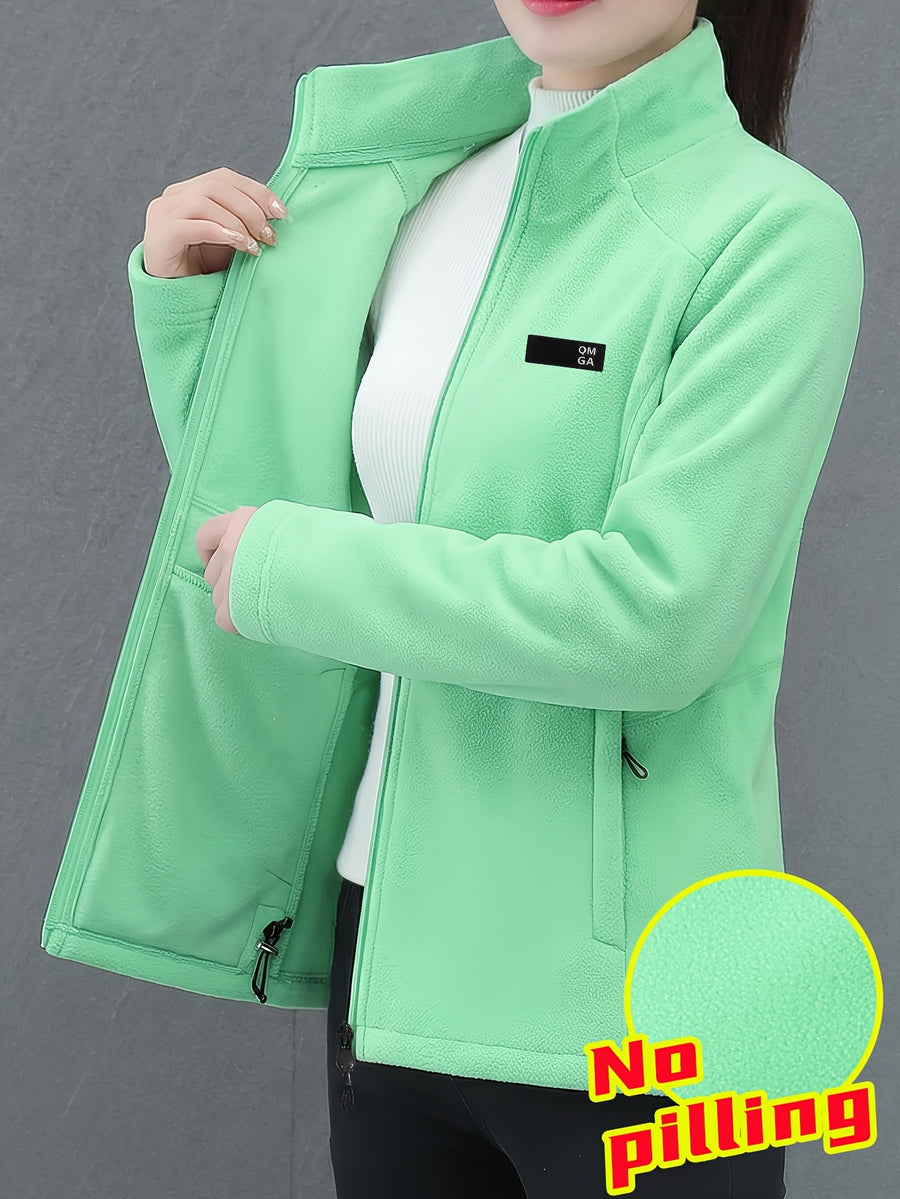 Autumn/Winter Women's Stand Collar Zipper Cardigan, Warm Jacket, Versatile Commuter Outdoor Top - Grass Green