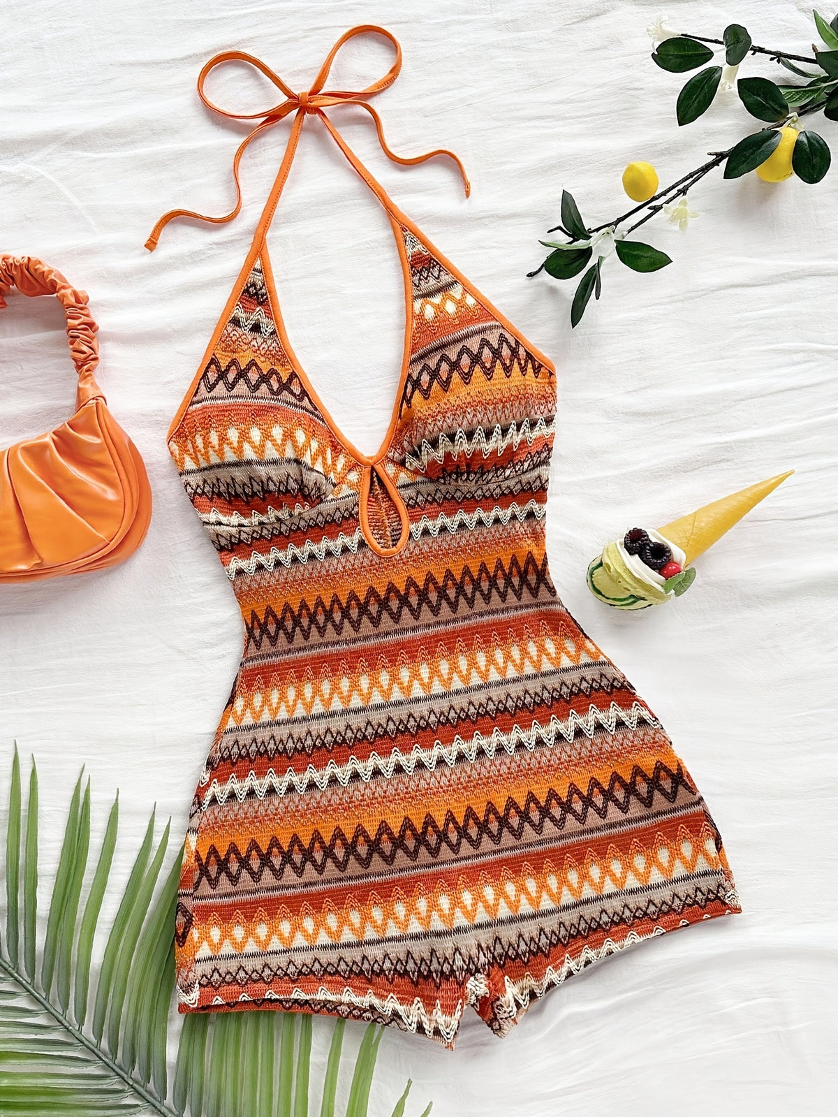 Women's Fashion Irregular Texture Halter Jumpsuit - Orange-Red