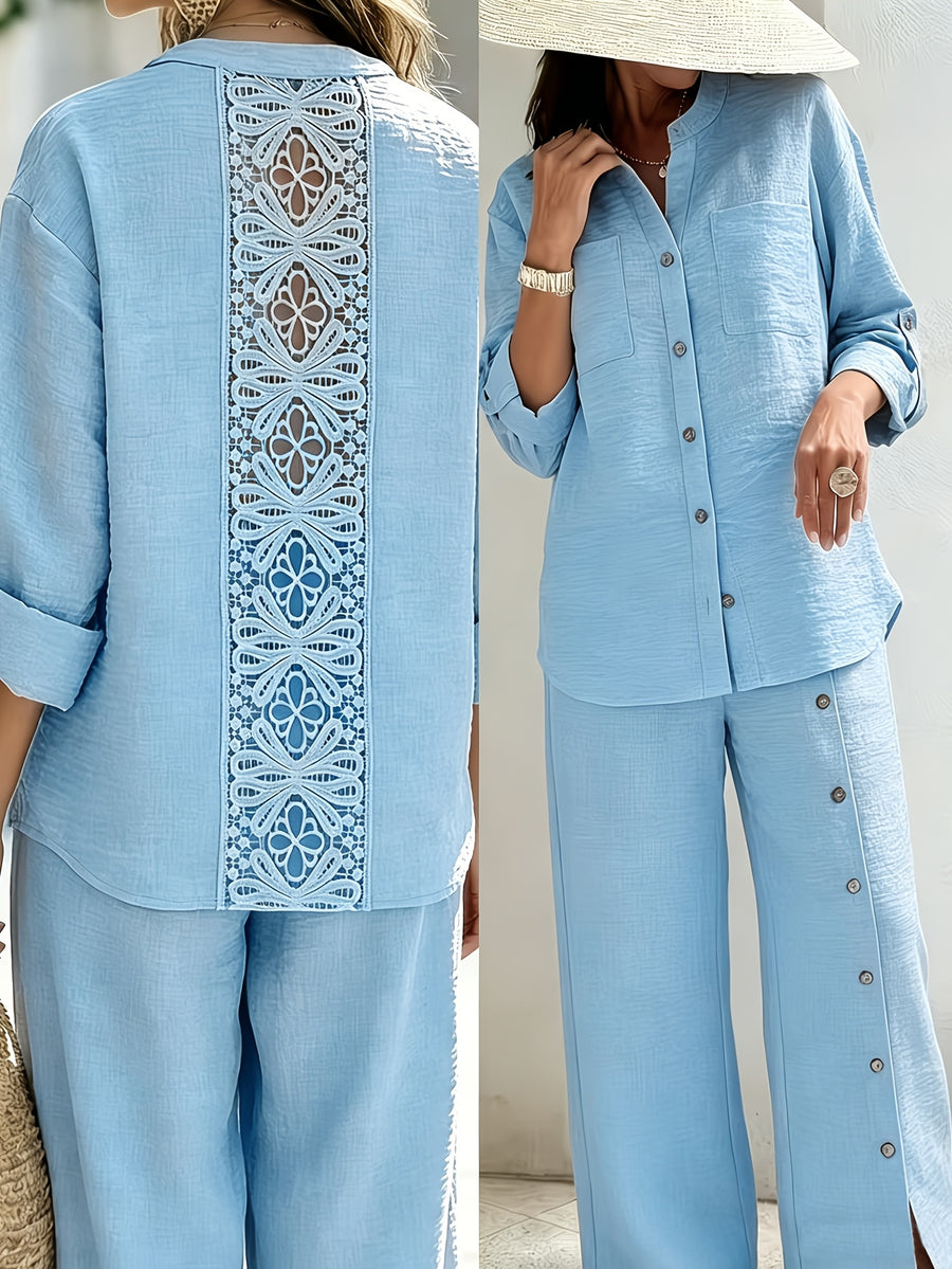 Spring/Summer Loose-Fit Shirt and Wide-Leg Pants 2pcs Set for Women, with Lace Cut-Out Back Design, a Lazy, Casual, and Commuter-Friendly Temperament Set 2A11794 - Light Blue
