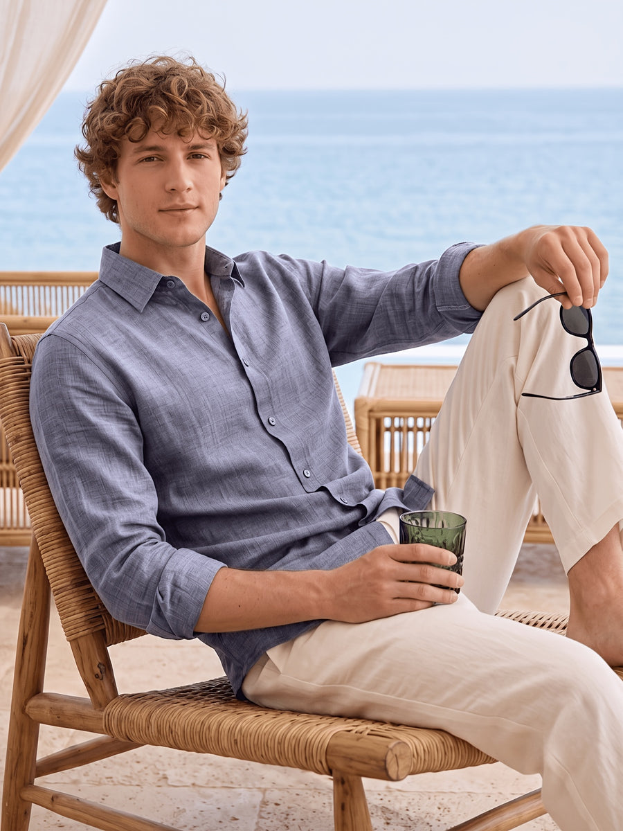 Men'S Anti-Moth Long-Sleeved Square-Neck Shirt, Lightweight And Breathable Solid Color Business-Casual Shirt, Loose-Fitting All-Match Basic Shirt for Spring And Summer Commuting And Vacation. Available in Multiple Colors - Grey