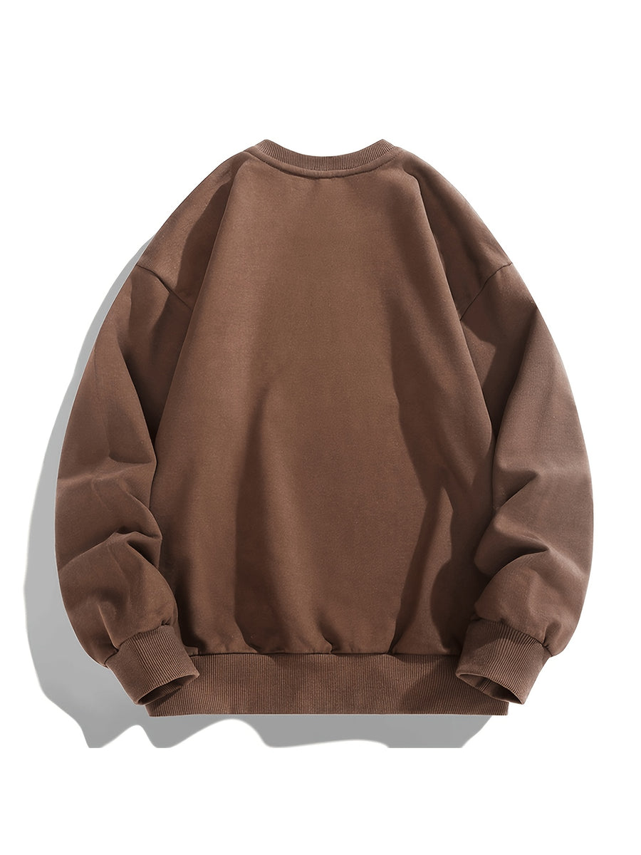 Men'S Crew Neck Sweatshirt, Spring And Autumn Printed Pullover Top, Youth Loose Casual Versatile Long Sleeve Base Shirt - Light Brown-1
