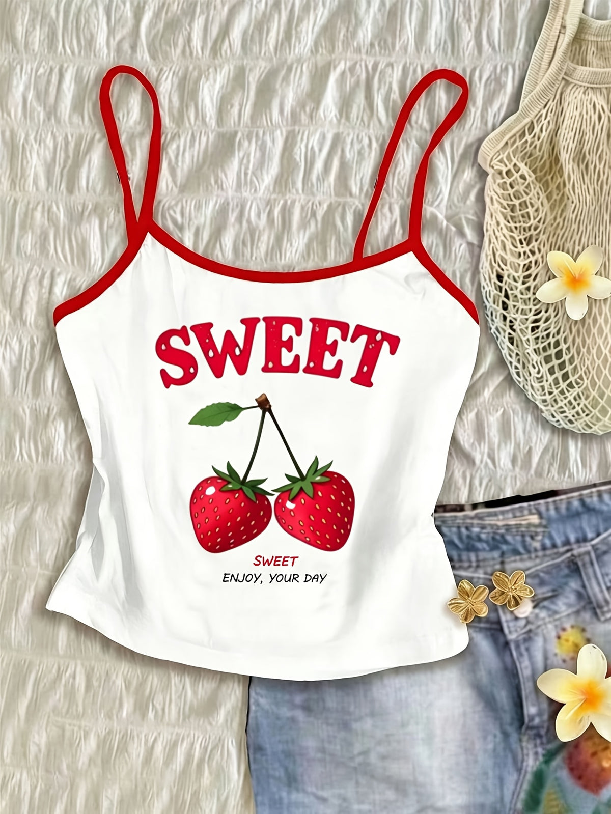 Women'S Tight Fruit Print Casual Camisole Tank Top, Summer Cami Top, Casual Vest, Vacation Vest, Casual Daily, Commute, Vacation Style, New Summer Styles - Red