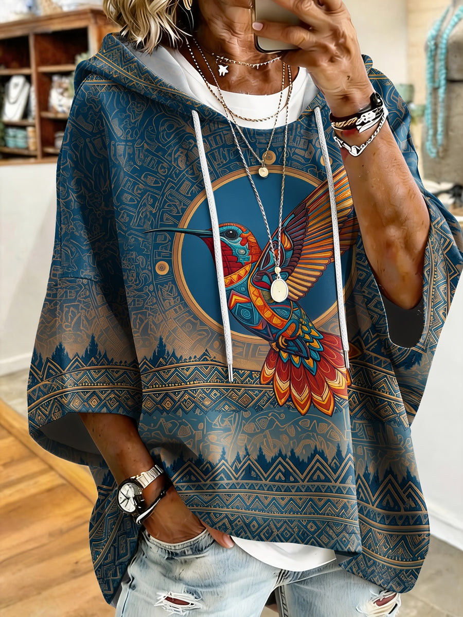 Plus Size - Printed Western Plus Size Vintage Mayan Hummingbird Ethnic Style Printed Hooded Sweatshirt, Loose Drop Shoulder Three-Quarter Sleeve Lazy Exotic Vacation Body-Covering Casual Pullover Sweater, No Additions - Navy Color