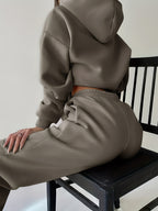 Women's Autumn/Winter New Hooded Sweatshirt Solid Color Set - Earthy Brown