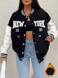 Women'S Black And White Contrast Baseball Jacket, A Letter Pattern Printed Jacket - Black Color Matching