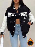 Women'S Black And White Contrast Baseball Jacket, A Letter Pattern Printed Jacket - Black Color Matching