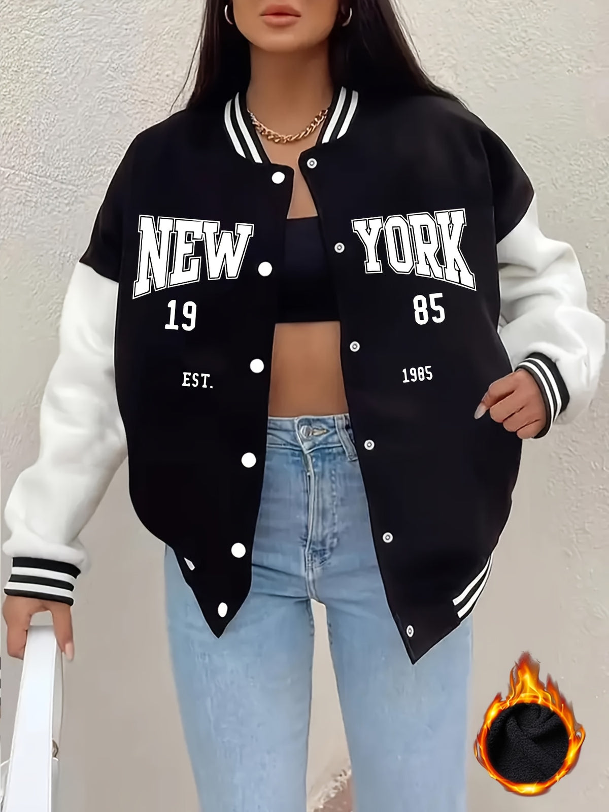 Women'S Black And White Contrast Baseball Jacket, A Letter Pattern Printed Jacket - Black Color Matching