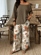 European and American Style Women's Elegant 2pcs Set: Solid Color Off-Shoulder Loose Pullover Paired with Floral Print Pants,, Comfortable, Versatile for Commuting and Vacation, Fashionable Set - Khaki