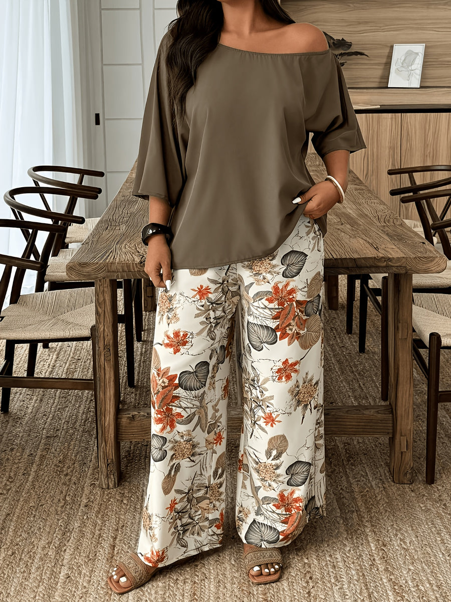European and American Style Women's Elegant 2pcs Set: Solid Color Off-Shoulder Loose Pullover Paired with Floral Print Pants,, Comfortable, Versatile for Commuting and Vacation, Fashionable Set - Khaki