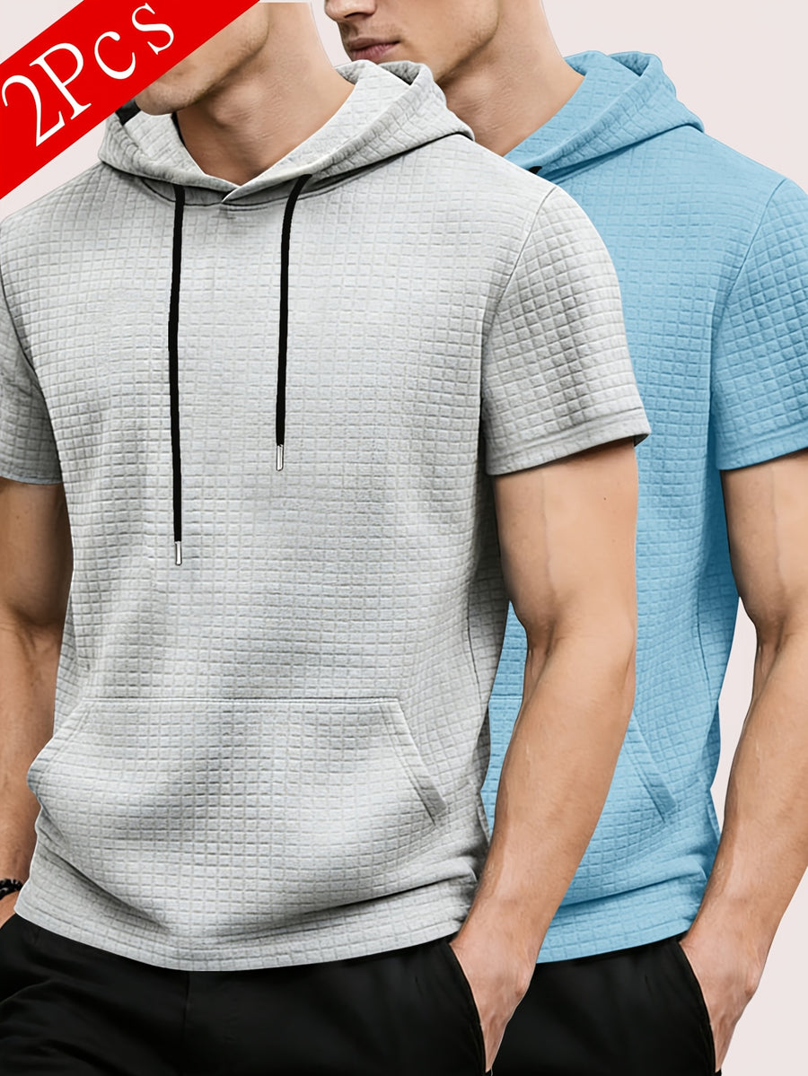2pcs Men's Waffle Knit Short-Sleeve Hoodie with Kangaroo Pocket, Soft and Breathable Fabric, Multiple Color Options, Versatile, Simple, Stylish, and Casual for Daily Wear or Sports, a Great Choice for Holiday Gifts for Fathers, Partners, and Friends - Grey+Sky Blue