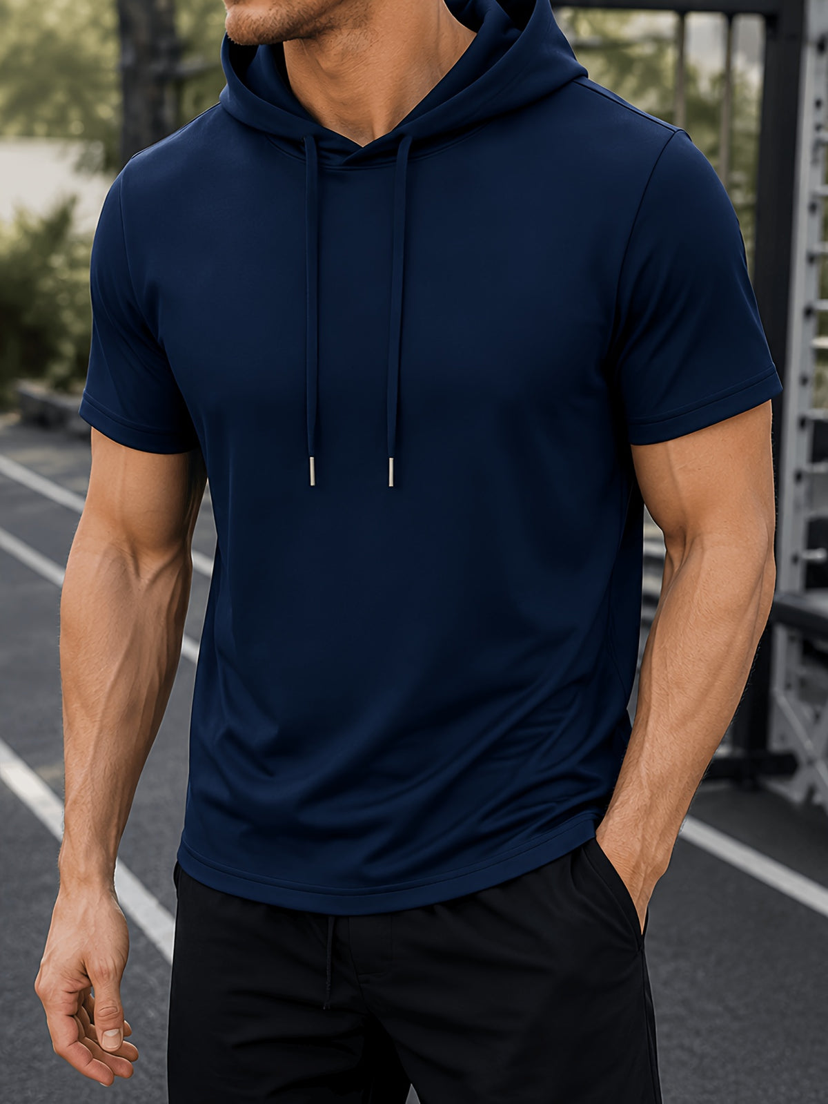 Men's Lightweight Breathable Short-Sleeve Hooded Sweatshirt - Solid Color Loose Fit Hoodie Suitable for Gym, Running, Outdoor Commuting | Machine Washable Pullover Hooded T-Shirt for Youth &, Basic Versatile Casual Wear - Navy Color