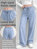 Women'S Straight-Leg Mid-Rise Denim Pants - Washed Medium Blue Stretch Jeans, Elastic Waist with Drawstring, All-Season Casual Commute Trousers, Ladies Jeans, Relaxed Fit, Classic Style, Quality Stitching, Urban Style - Blue