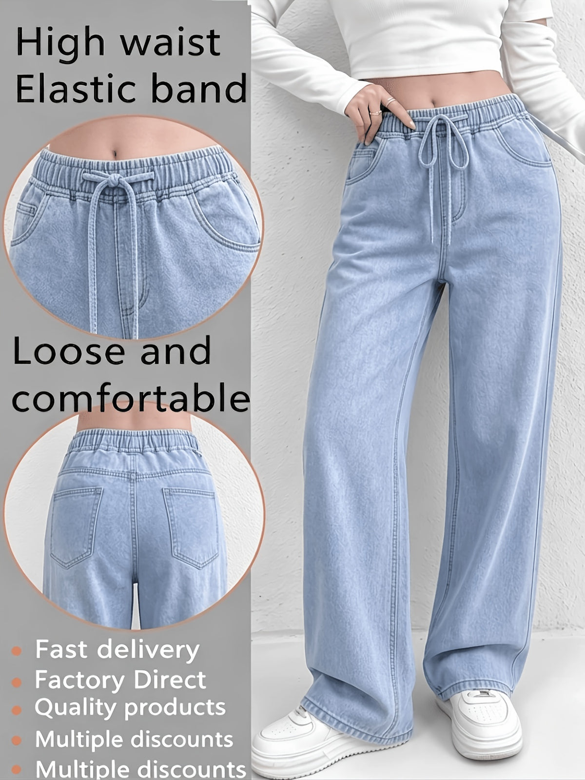 Women'S Straight-Leg Mid-Rise Denim Pants - Washed Medium Blue Stretch Jeans, Elastic Waist with Drawstring, All-Season Casual Commute Trousers, Ladies Jeans, Relaxed Fit, Classic Style, Quality Stitching, Urban Style - Blue
