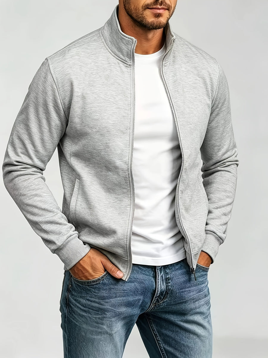 Men's Fashion Full-Zip Sweatshirt, Casual Zip-Up Stand Collar Sweatshirt, Autumn Essentials - Light Grey