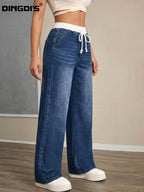 2026 New Women'S 90S Loose High-Waist Tummy-Control Jeans, Washed Blue Wide-Leg Pants with Pockets And Drawstring, Comfortable All-Season Denim Trousers for Travel And Work - Dark Blue
