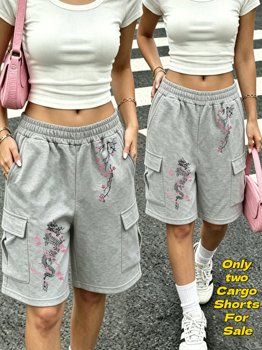 Japanese Style Printed Cargo Shorts 2Pcss Set, Loose Wide-Leg Bermuda Shorts with Leg-Smoothing Cut, Elastic Drawstring High-Waist Comfortable Fit, Soft Breathable Fabric Suitable for Street Outings, Campus Commute, And Home Walks - Gray + Gray