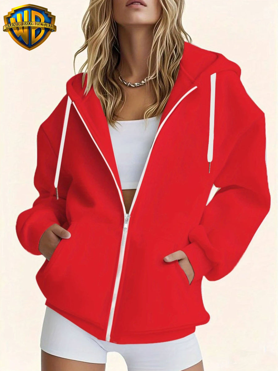 Warner Bros. DC The Flash Crossed Arms Hero Lightning Logo Multi-Position Letter Print Hooded Sweatshirt, Trendy Superhero Fan Outing, Shopping, Campus Commuting, Fashionable and Versatile Drawstring Long-Sleeve Printed Women's Casual Pullover Hoodie - Red