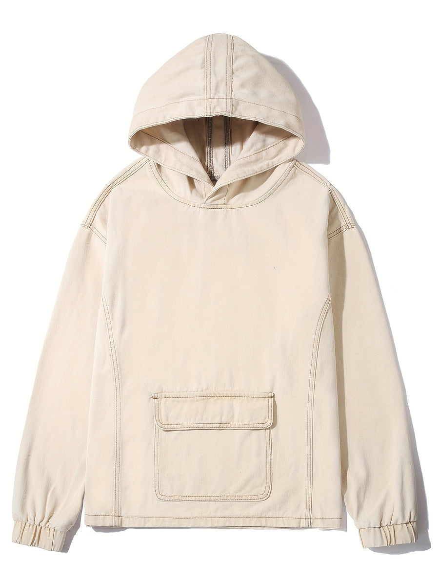 YASUYUAN Men's Light Color Denim Hooded Jacket - Loose Fit -Blend (Suitable for all-Season Wear) with Shrunk Hem & Sleeve Roll, Casual Outerwear, Machine Washable Denim Coat - Khaki
