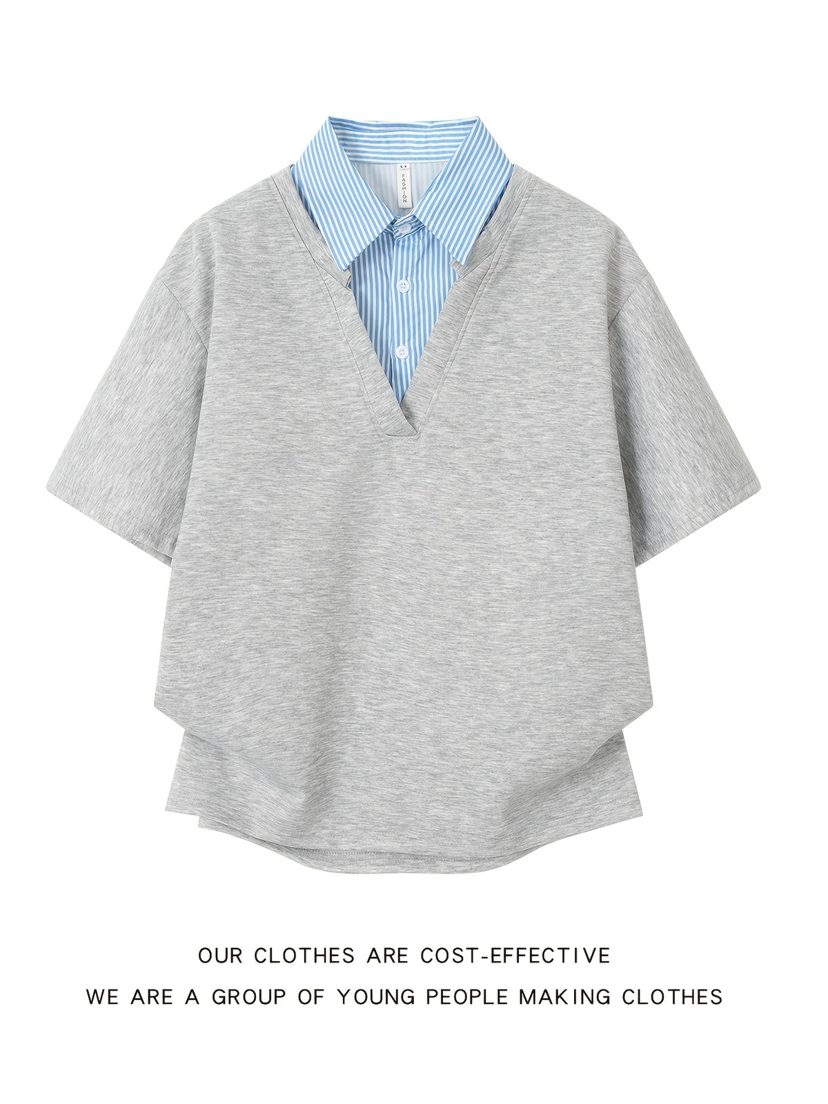 [Shule Water OBM] 2026 New Loose Design Japanese Fake Two-Piece Polo Collar Short Sleeve Men Women Style Summer Couple Half Sleeve T-Shirt - Grey