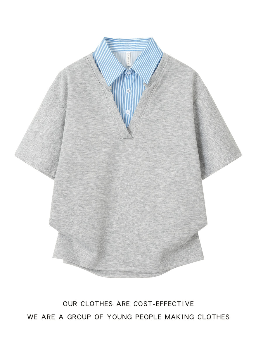 [Shule Water OBM] 2026 New Loose Design Japanese Fake Two-Piece Polo Collar Short Sleeve Men Women Style Summer Couple Half Sleeve T-Shirt - Grey