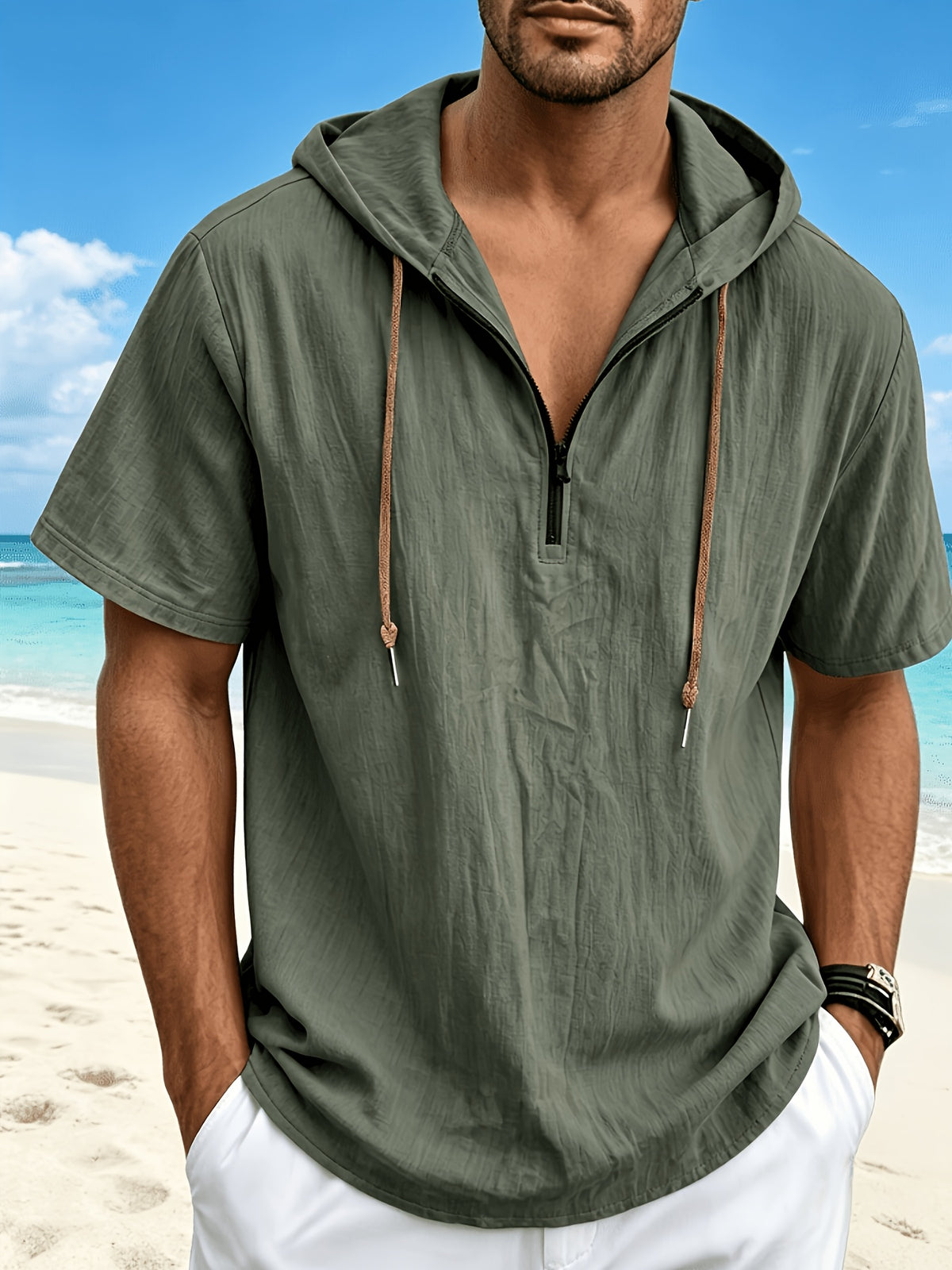 Men'S Linen Hooded Short Sleeve T-Shirt, Lightweight Breathable Ice Cool Half-Zip Design, Casual Solid Color Loose Top, Summer New Multicolor Optional, Versatile Hoodie - fern green