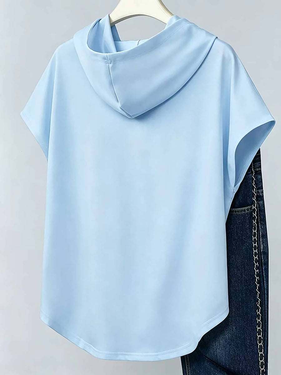 1pc Hooded Top Easy Line Design Casual All-Match Style Summer New Y2K Style Women'S Casual Athletic Wear Elegant Fashion Comfortable T-Shirt Top - Sky Blue
