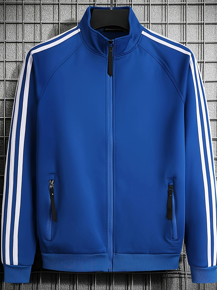 [Pearson OBM] Men'S Spring Autumn Casual Easy All-Match Outdoor Sports Jacket, Small Stand Collar Solid Color with Three Stripes, Side Seam Zipper Pockets, Elastic Cuffs And Hem Design, Full Zip Closure Coat, Suitable for Vacation, Sports - Blue