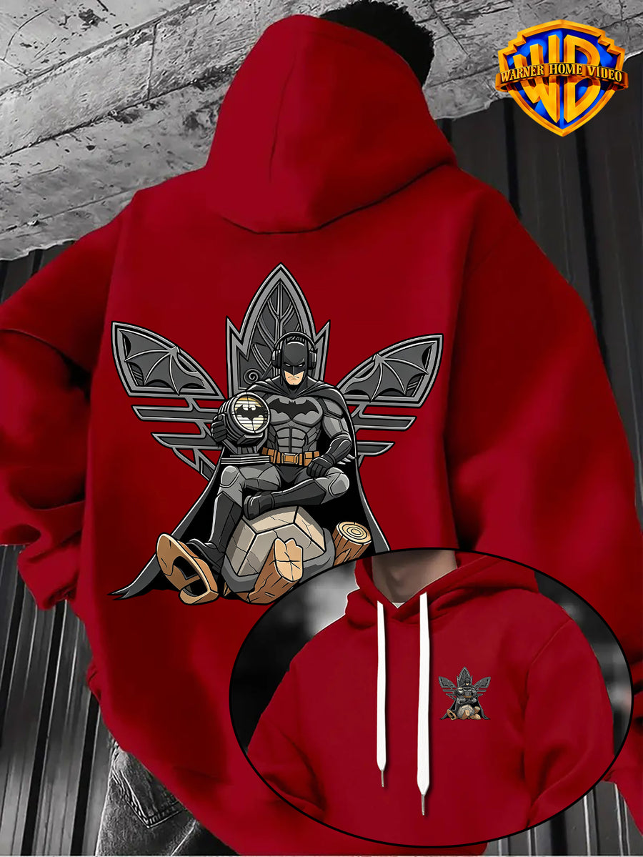 [Officially Licensed by Warner Bros] 1pc, American Dark Batman Hero Throne Portrait Creative Casual Hoodie - Men'S Fashion Sweatshirt with Double-Sided Print, Adjustable Drawstring Loose Comfortable Hoodie, Suitable for Daily And Outdoor Wear - Red