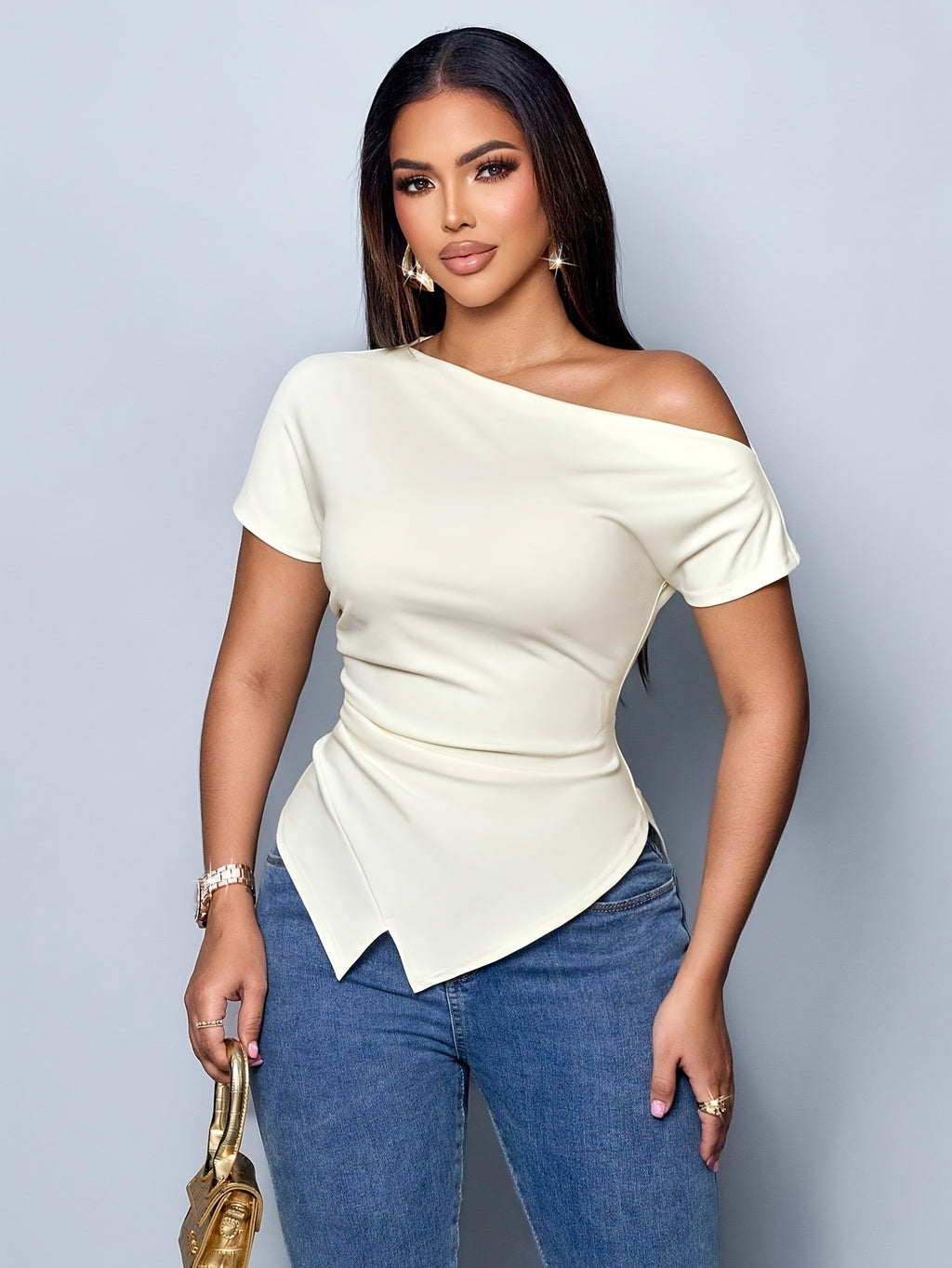 Women's Sexy Elegant T-Shirt - Off-Shoulder/One-Shoulder Blouse with Asymmetric Hem, Stretchy Chic Top for Party, Office, Everyday - Beige/Neutral Tones - Spring/Summer/Fall Wardrobe Essential, Party Attire, Offshoulder Tee, Flowy Fabric - White