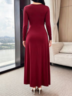 New Autumn Long Sleeve Middle Eastern Style Slim-Fit Sleeveless Waist-Cinching Dress with Metal Buckle Decoration, Long French-Style Light Luxury Commuting and Banquet Dress for Women - Burgundy