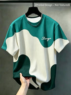 [Printed Design - Non-Textured] Men'S Casual Round Neck T-Shirt, Geometric Pattern Patchwork Striped Design, "Chicago" Word Pattern, Drapey Fashion Top, All-Season Wear, Breathable Regular Fit for Casual And Formal Outfits - Round Neck Casual Top - Mixed Color 4