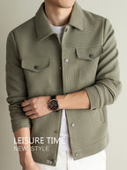 Men's Lightweight Textured Jacket with Button-Front & Collar - Soft Breathable Workwear Coat Suitable for Business Office, Travel, Casual Streetwear, Spring/Autumn Outerwear, Hand Washable Button-Up Blazer - Olive