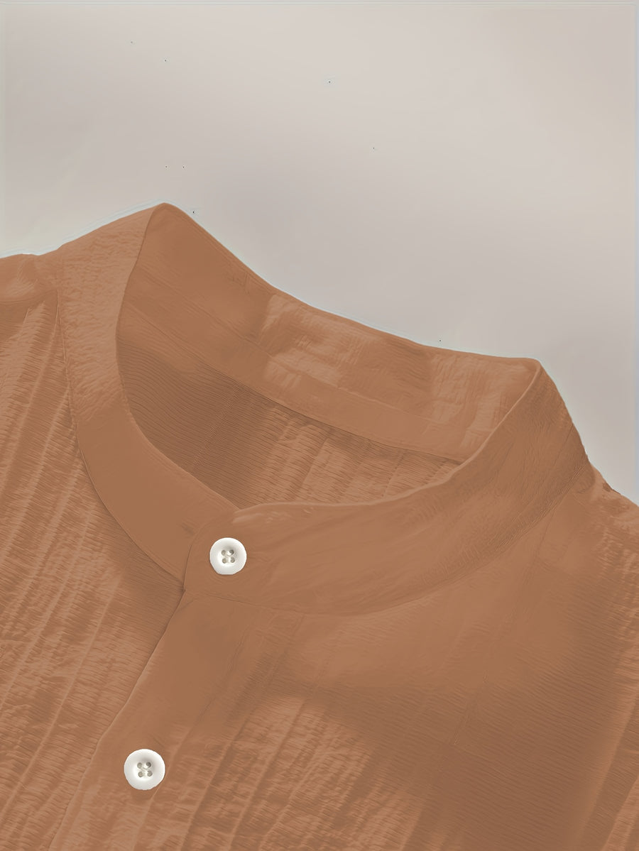 Pearson OBM Men's Summer Solid Color Semi-Transparent Short Sleeve Casual Stand Collar Shirt, Button-Up Fashion Versatile Shirt for Beach Vacation Pool Party - Yellowish-brown