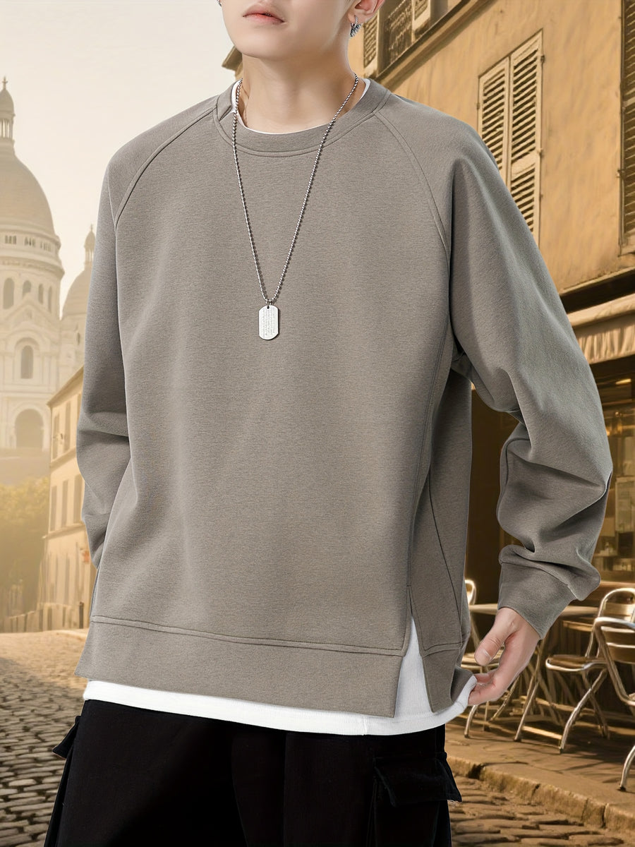 Autumn New Men'S Drop-Sleeve Casual Solid Color Sweatshirt Faux Two-Piece Hem, Men'S Round Neck Pullover, Niche Design Style - Gray Green