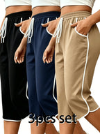 3pcs Drawstring Capri Pants, High-Waist Elastic Drawstring Waistband, Side Contrast White Thread Trim Design, Loose Capri Fit Comfortable And Breathable, Women'S Casual Trousers - Black + Navy Blue + Khaki