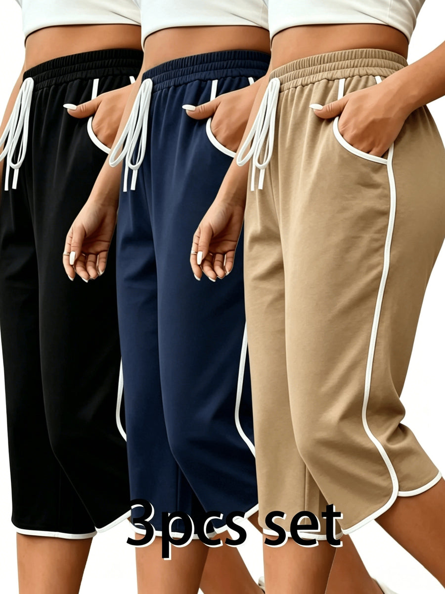 3pcs Drawstring Capri Pants, High-Waist Elastic Drawstring Waistband, Side Contrast White Thread Trim Design, Loose Capri Fit Comfortable And Breathable, Women'S Casual Trousers - Black + Navy Blue + Khaki