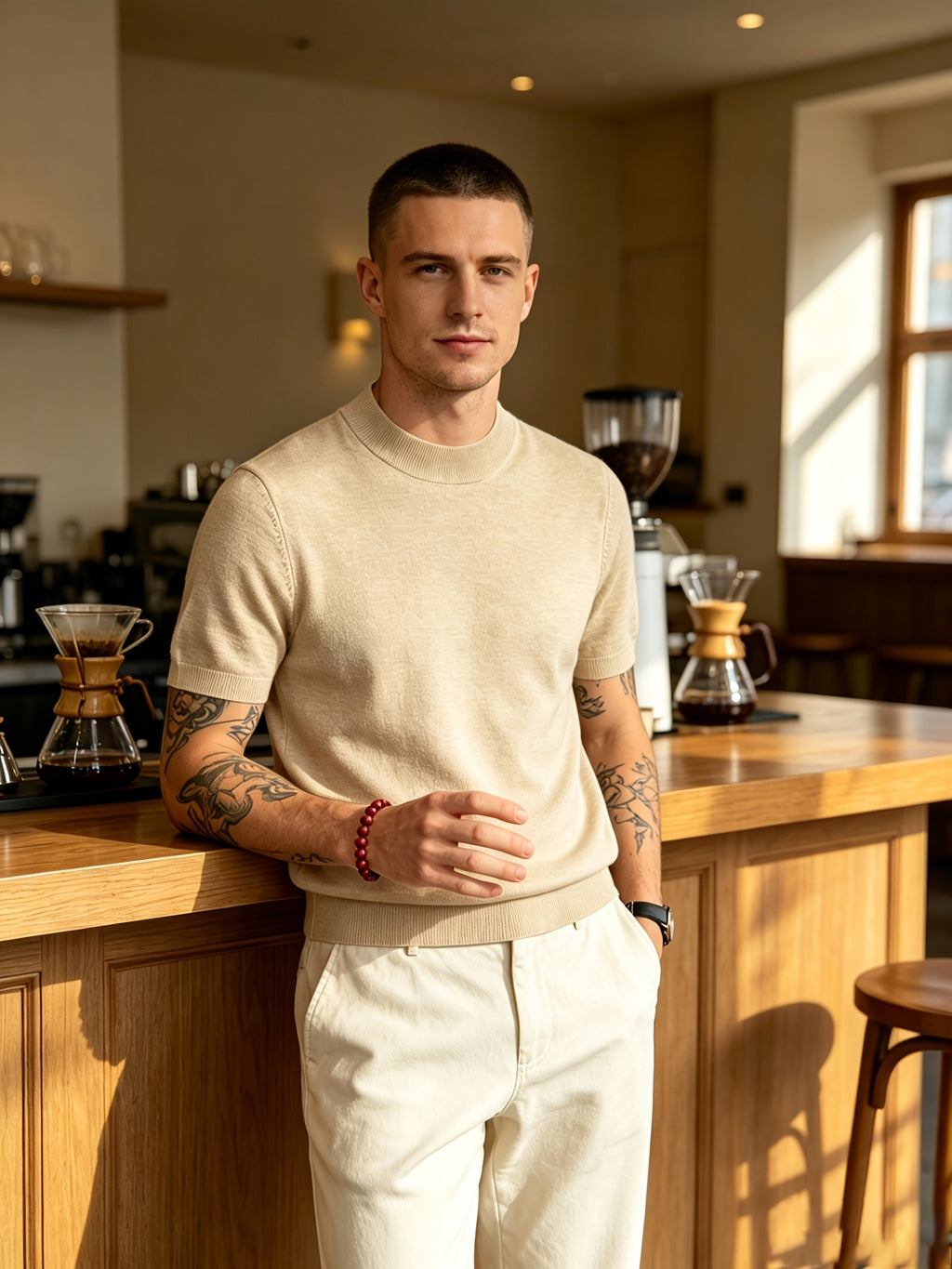 Men's Minimalist Urban Style Half-Turtleneck Short-Sleeve Knit Sweater with Fine Texture, Breathable for Spring/Summer Daily Wear - Khaki