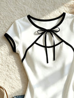Spring Summer Hollow Butterfly Bow Design Contrast Short Sleeve Romper Women'S Sheath Elastic Basic Base Layer Daily Commute Waist-Defining Inner Wear Versatile Tight Top - White
