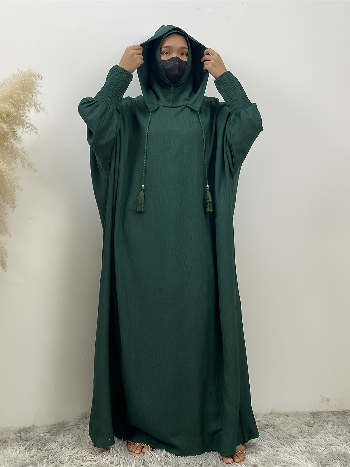 Fashionable Muslim Batwing Sleeve Hooded Abaya Casual Hooded Dress - Dark Green