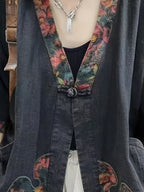 2026 New Spring/Summer Commuter Retro Chinese Style Frog Button Seven-Quarter Sleeve Literary Print Shirt Loose V-Neck Top Cardigan Women - Navy Color
