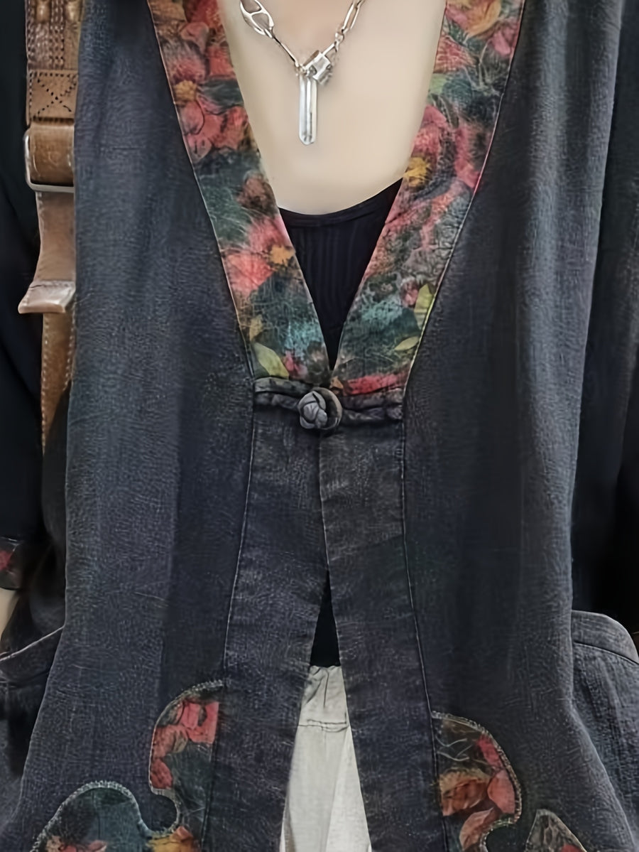 2026 New Spring/Summer Commuter Retro Chinese Style Frog Button Seven-Quarter Sleeve Literary Print Shirt Loose V-Neck Top Cardigan Women - Navy Color