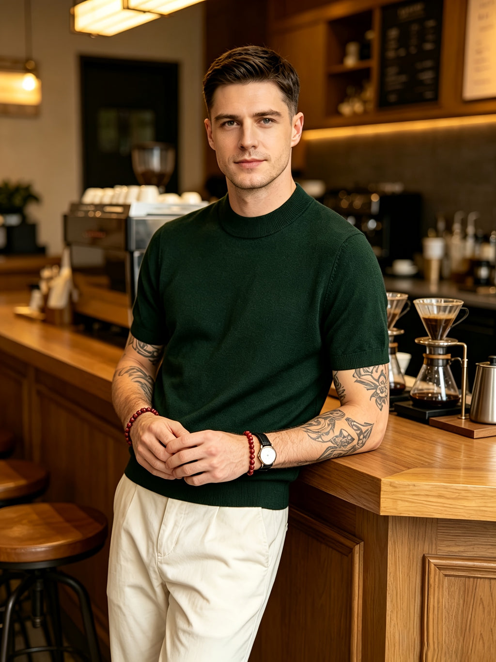 Men's Minimalist Urban Style Half-Turtleneck Short-Sleeve Knit Sweater with Fine Texture, Breathable for Spring/Summer Daily Wear - Dark Green