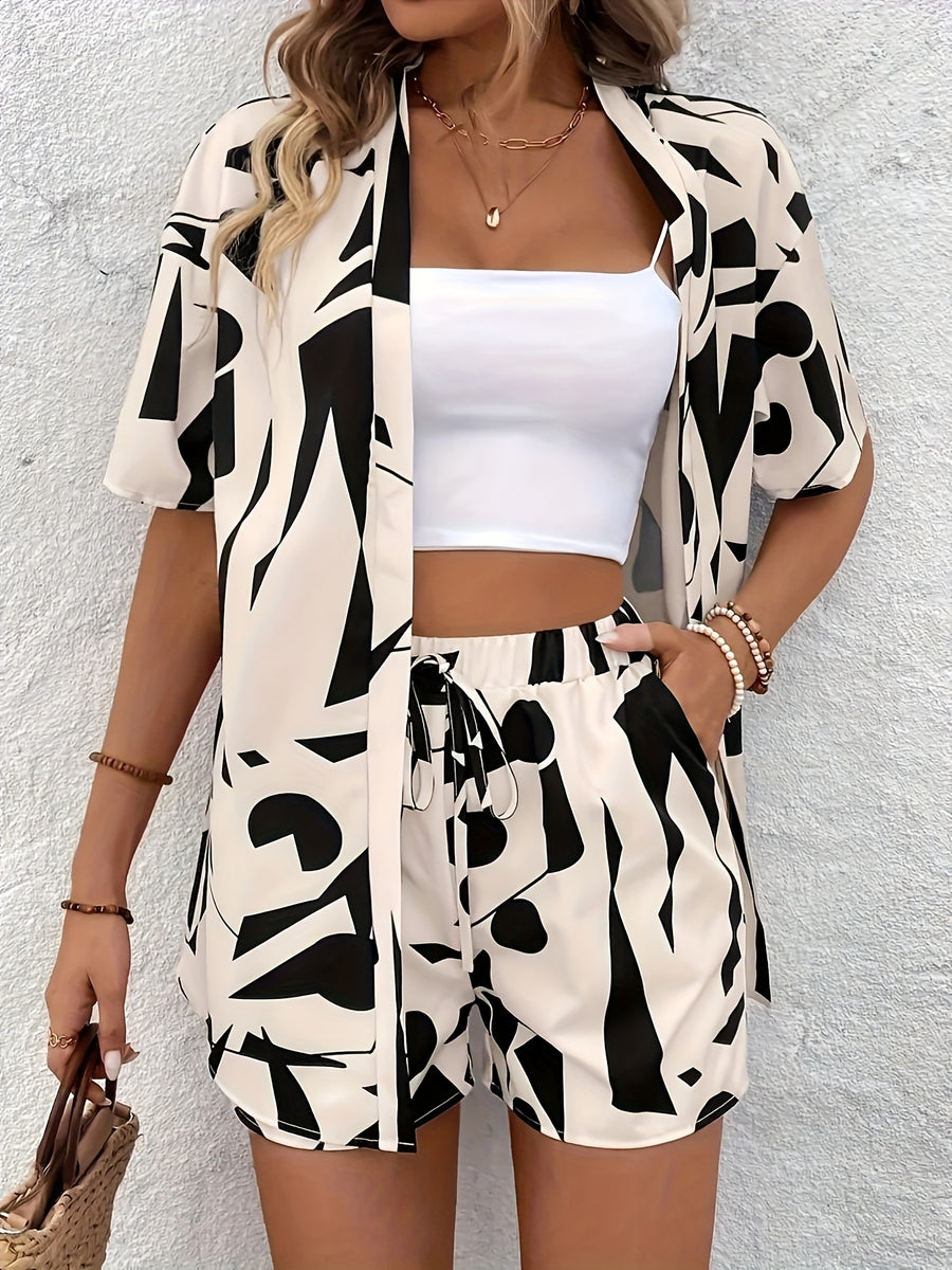 Vacation-style Geometric Print Short Set, Featuring a Front-open Short-sleeve Tunic and a Drawstring Loose-fit Shorts, Suitable for Spring and Summer, Women's Clothing - Mixed colors