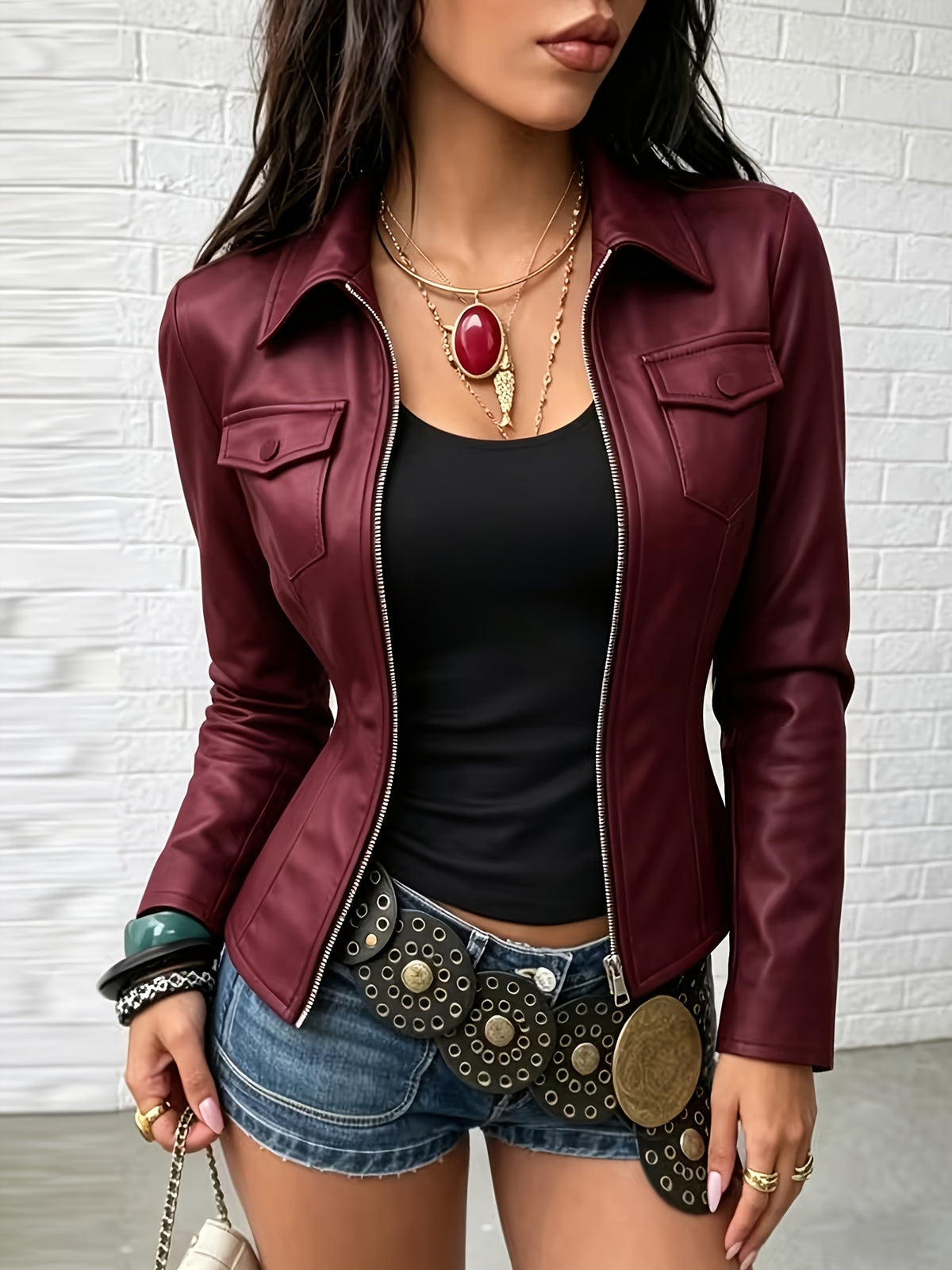 Women'S Elegant Fashion Casual Solid Color Zipper PU Jacket Slim Fit Short Jacket Top - Burgundy