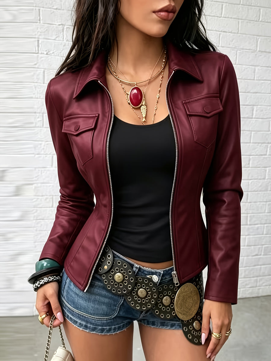 Women'S Elegant Fashion Casual Solid Color Zipper PU Jacket Slim Fit Short Jacket Top - Burgundy