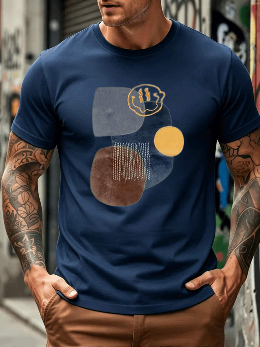 Geometric Print Color-Block Easy Creative Men'S Adult T-Shirt. Suitable for Various Outdoor Sports And Travel. Ideal for Holiday Gatherings. Yellow Gray Blue Contrast Design Comfortable Breathable Fabric Showcasing Unique Urban Fashion Trendy Style - Navy Color