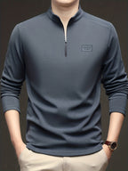 Men'S 1/4 Zip Long Sleeve Sweatshirt, Spring/Autumn Business Casual Golf Top, Half-Zip Collar High Neck Long Sleeve T-Shirt, Soft Comfortable Casual Sportswear, Outdoor Spring/Autumn Warm Clothing, Logo on Chest, Mature Men'S Apparel - Grey