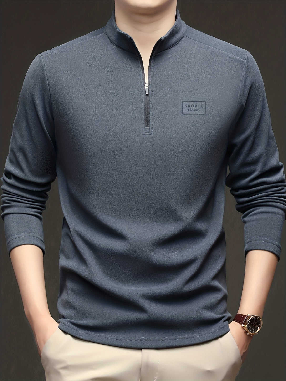 Men'S 1/4 Zip Long Sleeve Sweatshirt, Spring/Autumn Business Casual Golf Top, Half-Zip Collar High Neck Long Sleeve T-Shirt, Soft Comfortable Casual Sportswear, Outdoor Spring/Autumn Warm Clothing, Logo on Chest, Mature Men'S Apparel - Grey